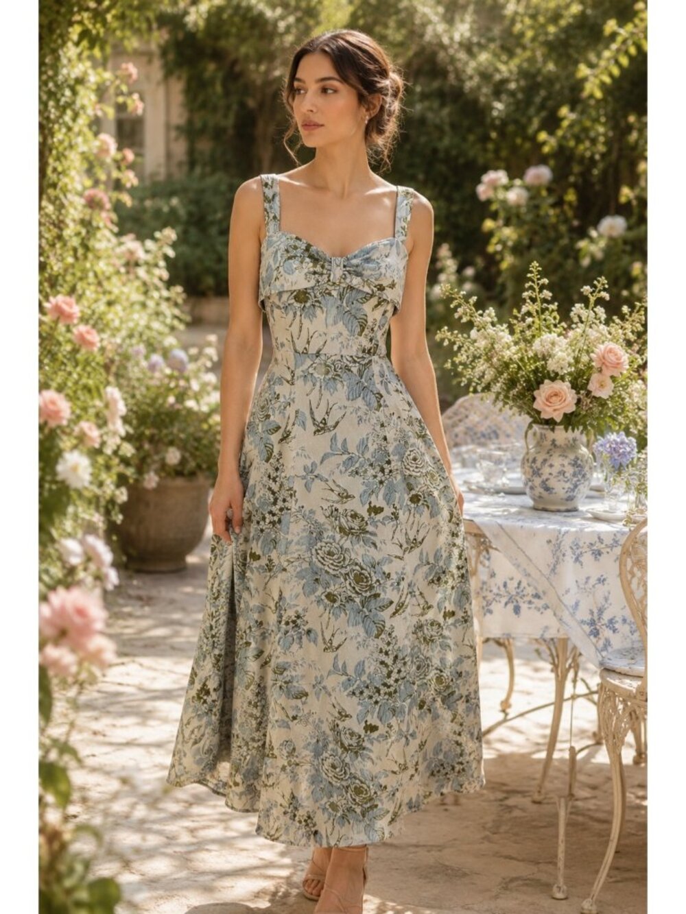 Lula Kate Garden Flora Jacquard Mist Blue Floral Bird Maxi Gown Dress Small